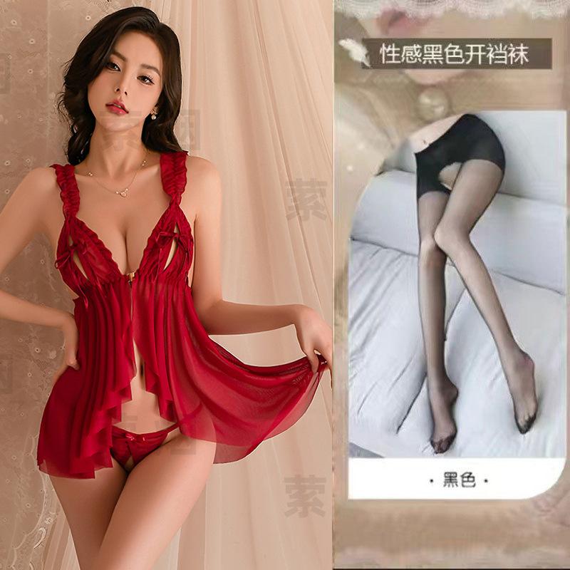 Sexy underwear sexy pajamas female seduction chest split hollow suspender perspective nightdress