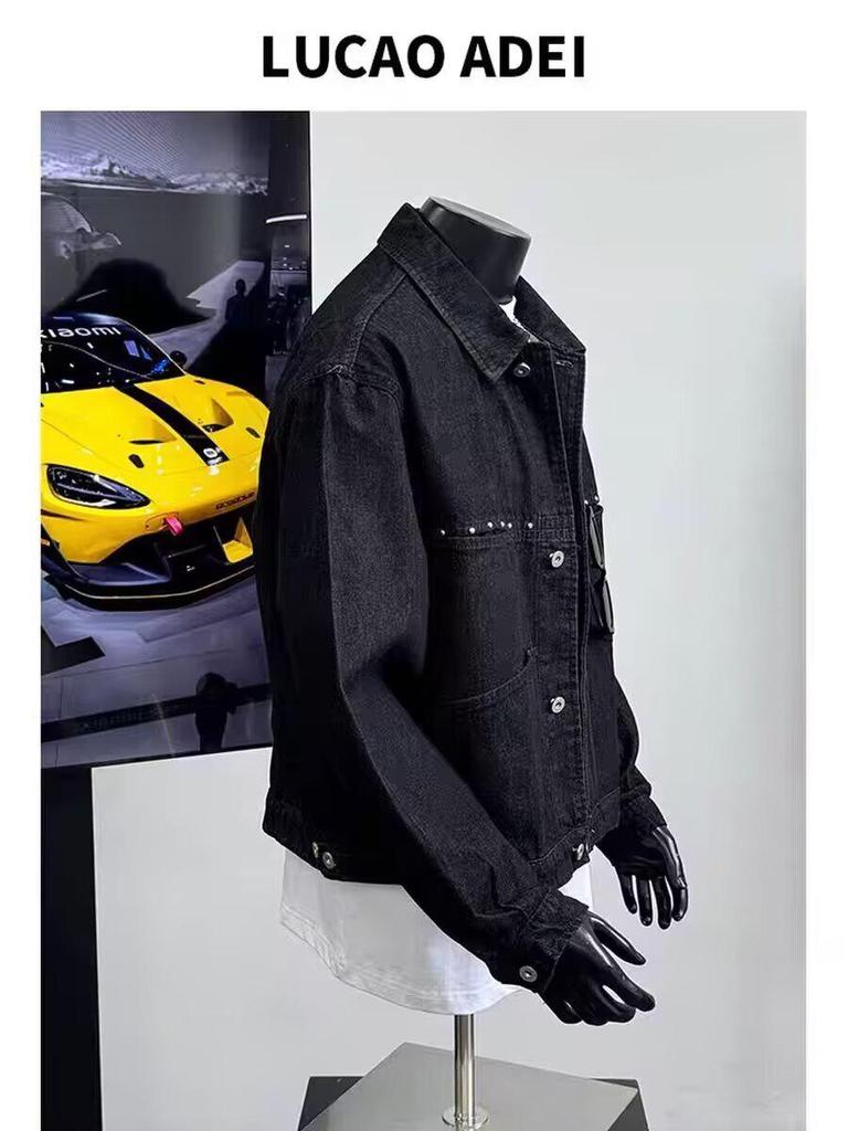 Pánská retro pracovní džínová bunda s nýty – volný střih, vypraná s límcem pro jaro a podzim.