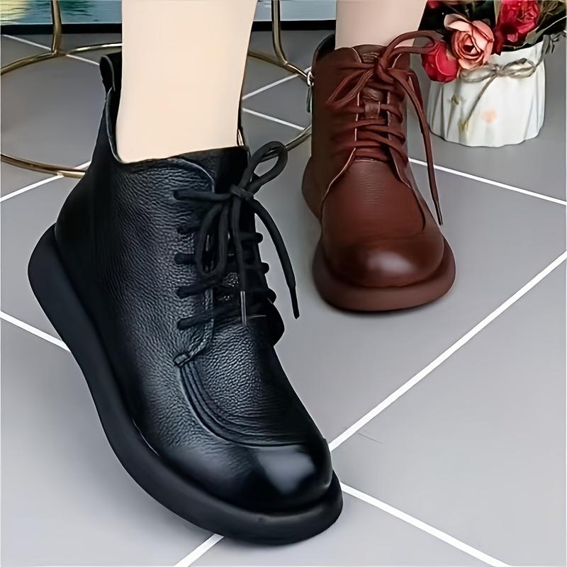 Women's Glossy Faux Cover Round-Toe Ankle Boots with Lace-Up Closure - Chunky Mid-Heel Winter Boots with Arch Support,  Ankle Boots