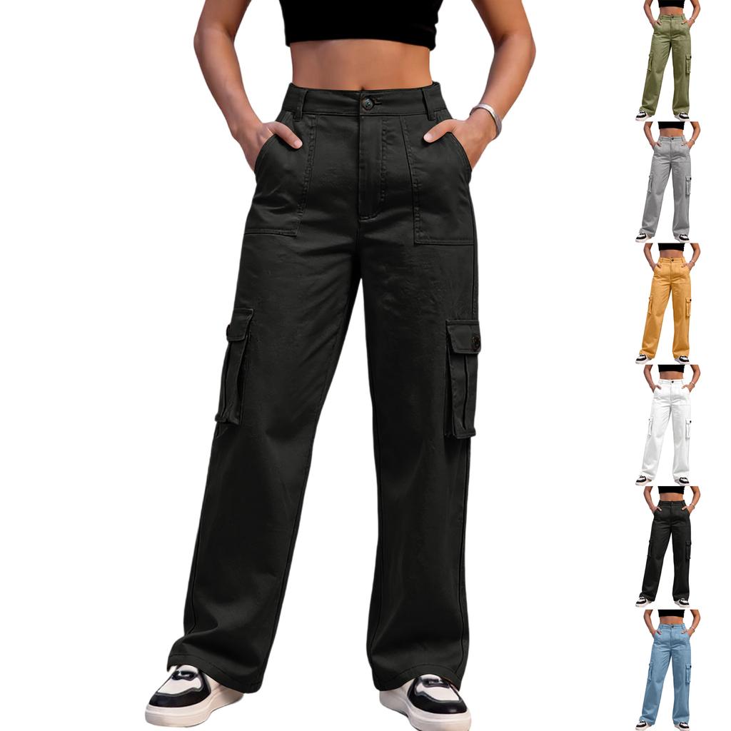 Women's Casual Street Style Multi-pocket Straight High Waist Slim Wide Leg Work Trousers