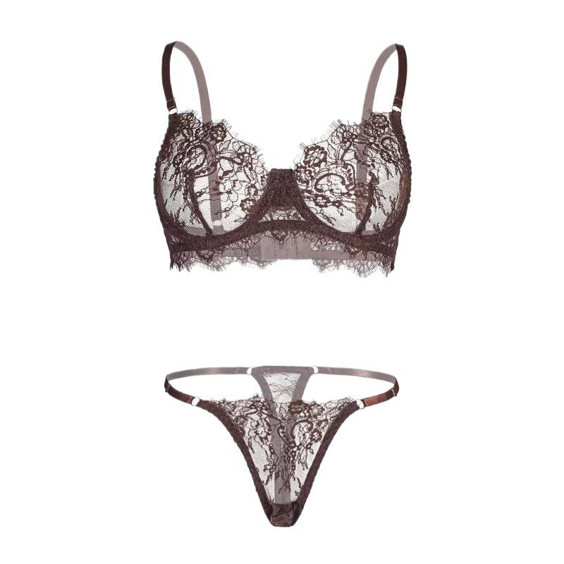 Women Sexy Lingerie Porno Suit Lace See Through Corset Bras Thongs Suit Ultrathin Transparent Steel Ring Bra & Brief Sets
