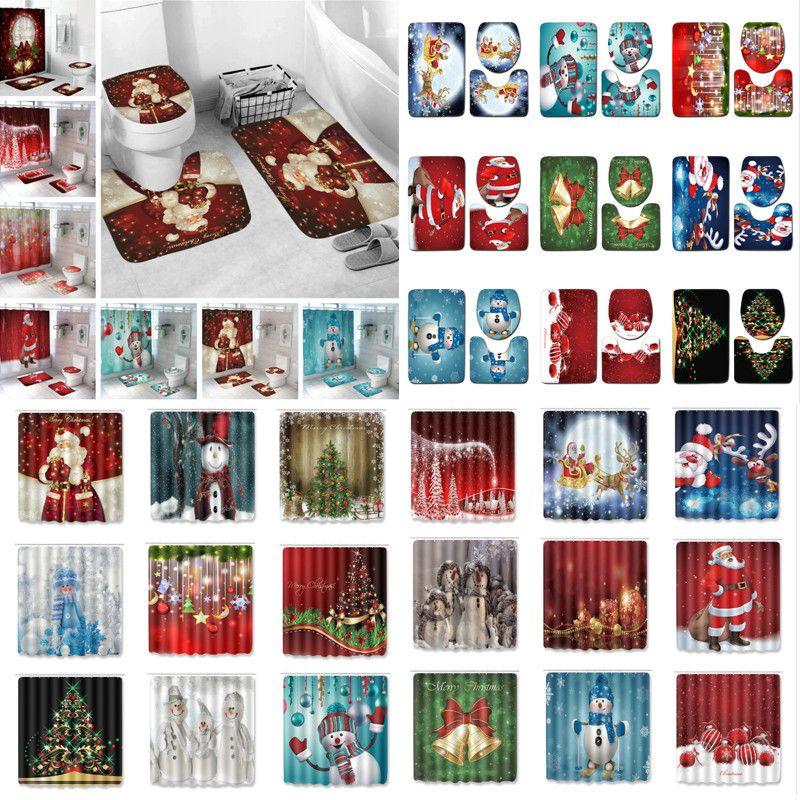 4pcs Shower Christmas Curtain Toilet Cushion Set Cover Mat Pad Rug Xmas Bathroom