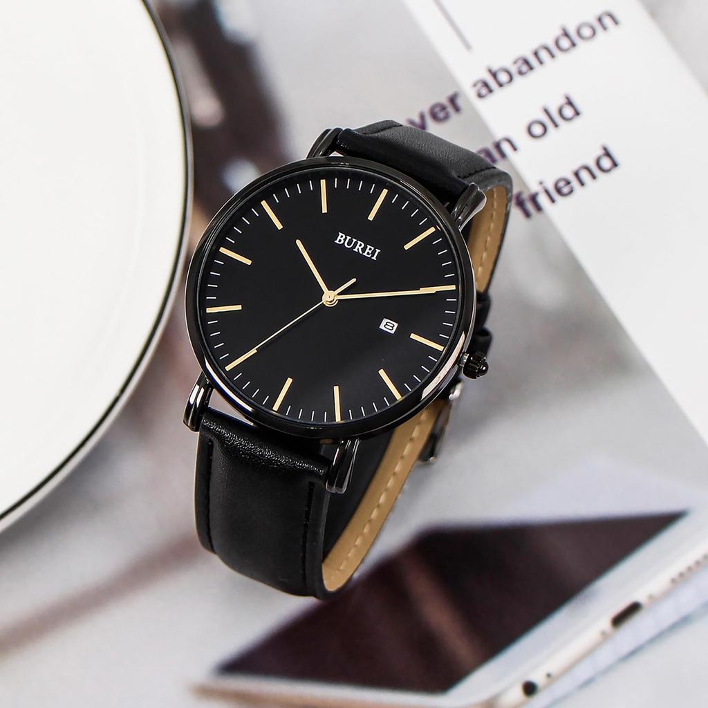BUREI Men's Analog Quartz Watch with Date Display, Waterproof, Popular, Simple, Stylish, Commuter Watch with Leather Strap (Black, Black, Leather)