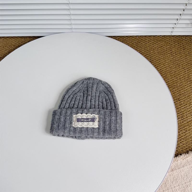 

Children s Knitted Hat Lace Cloth Label English Embroidery Wool Beanie Autumn and Winter Warm Thickened Baby Ear Protection Hat one size