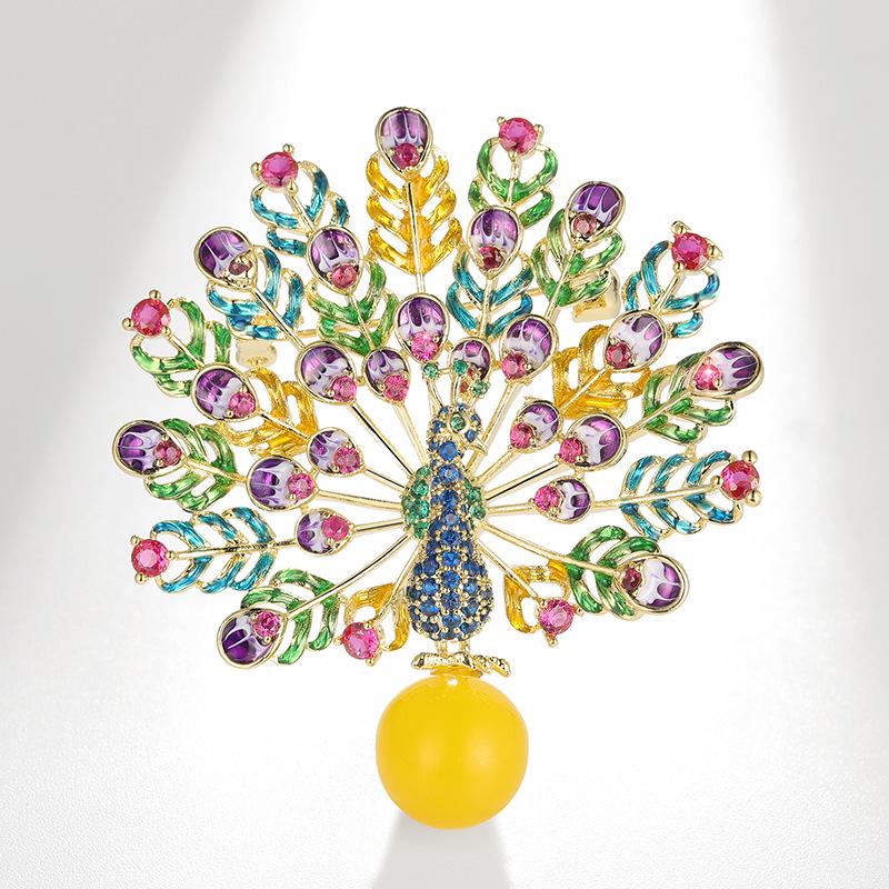Bo Xin Yun Elegant Peacock Brooch with Agate and Zircon - Qipao Accessory and Phoenix Corsage Pin Gift