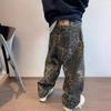 JYL Unisex Leopard Print Jeans   Straight Loose Autumn Winter Denim