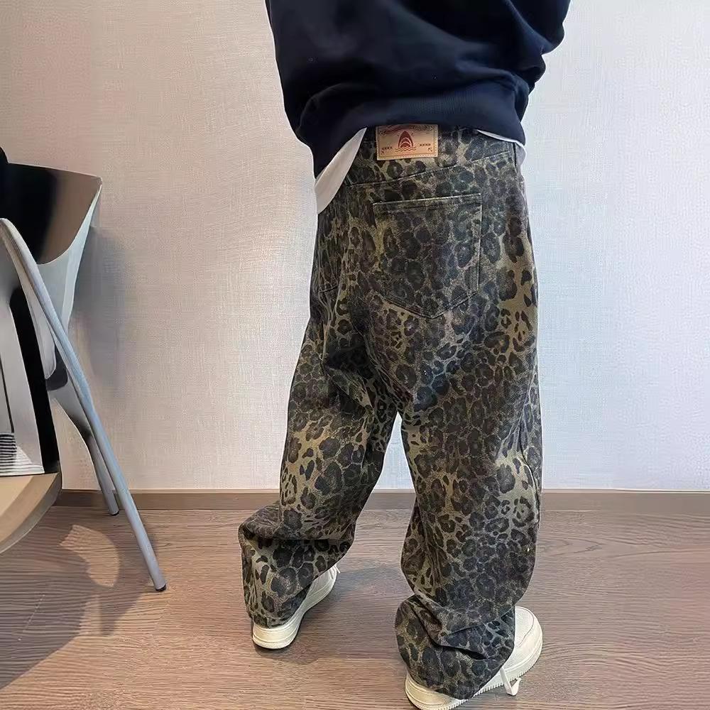 JYL Unisex Leopard Print Jeans   Straight Loose Autumn Winter Denim