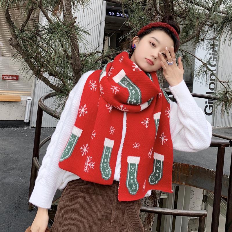 Christmas Gloves and Scarf for Women, Winter Korean Style Versatile Student Autumn/winter Knitted Wool Long Thickened Girl's Neck Warmer