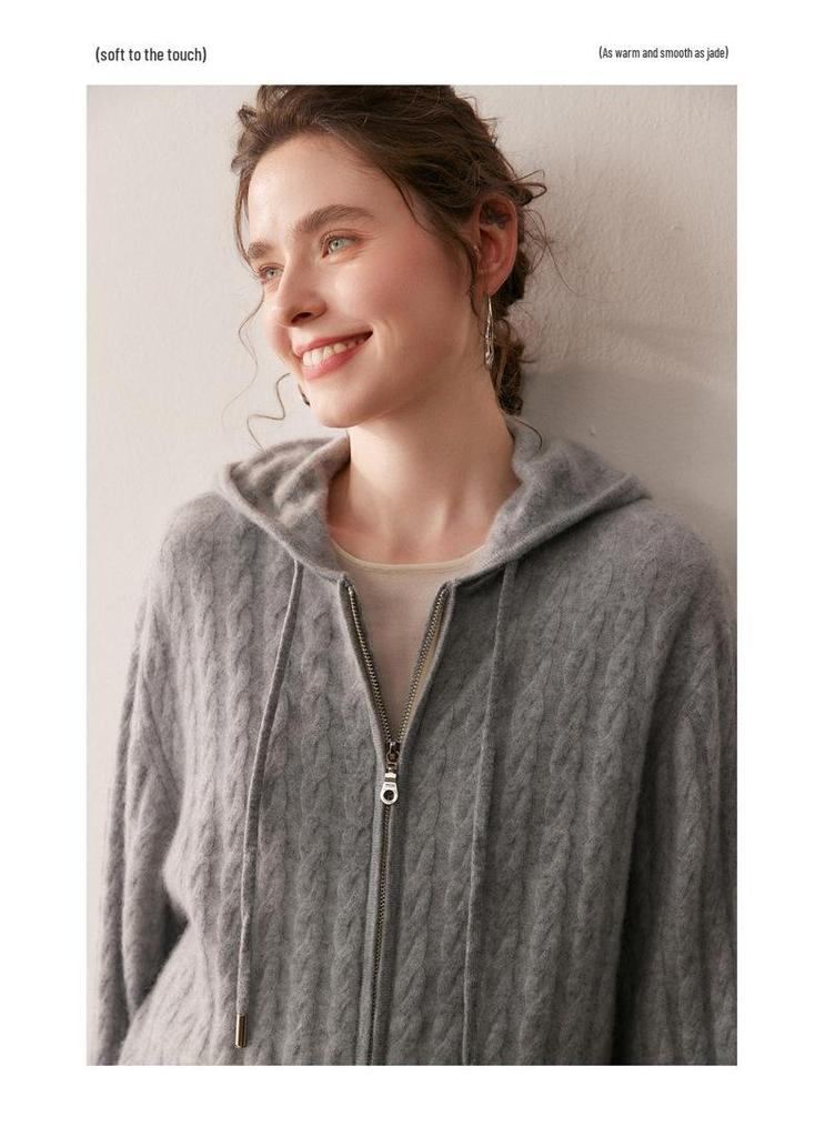 Women's Thickened Hooded Cashmere Cardigan - Autumn/Winter Fashion, Loose Cable Knit, Long Sleeve Base Layer