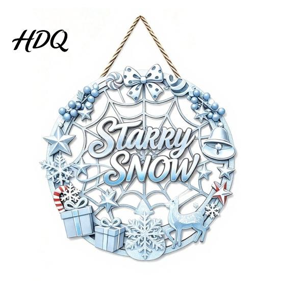 Snowman Gift Theme Decoration Christmas Door Sign Double Sided Hanging Wooden Plaque for Front Door Decor Rustic Holiday Wall Indoor Outdoor