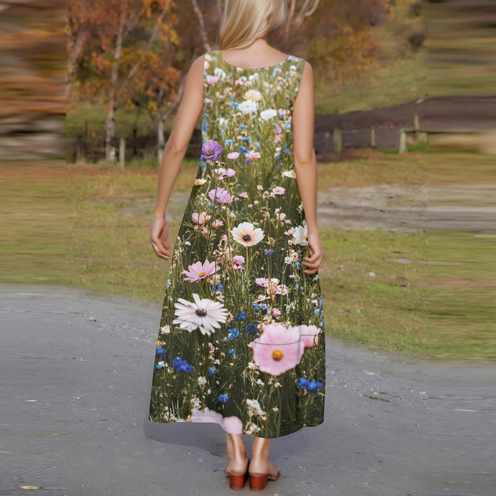 Women's Casual Floor-length Sundress Summer Beach Dress Round Neck Sleeveless Loose  Print Sundress