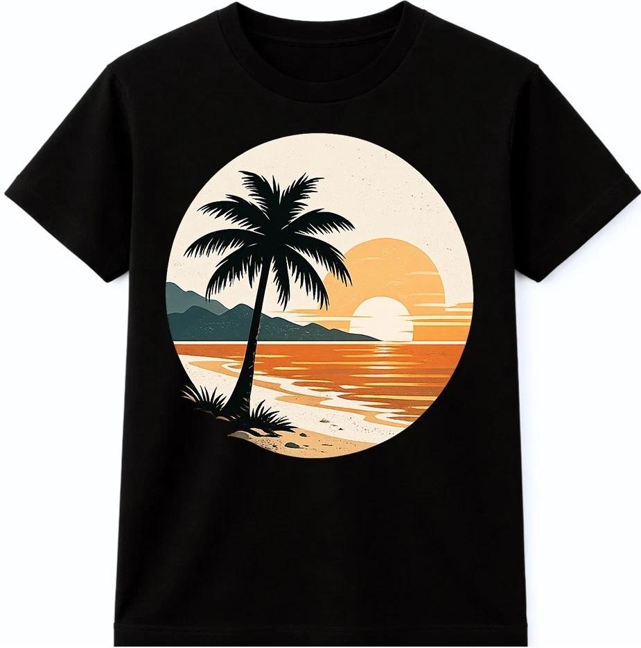 Beach Palm Tree T Shirt Retro Sunset Tropical Ocean Graphic Tee Summer Top XXXL