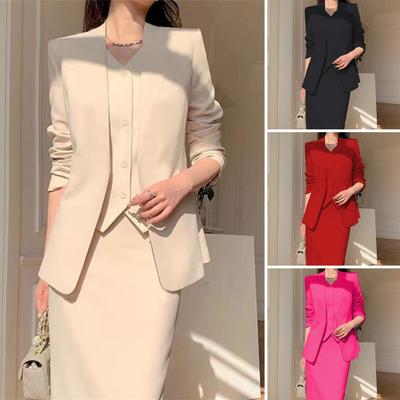 Ensemble de 2 pièces pour femme, manteau et jupe, style formel, manches longues, ouvert, taille haute, coupe slim, jupe mi-longue, tenue de voyage OL
