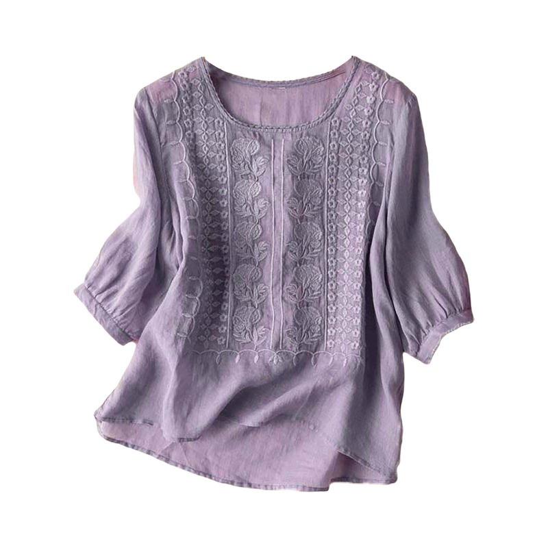 Summer Elegant Embroidery Loose Women Blouse Large Size Casual T-shirt Loose Simple Office Solid Color Fashion Elegant O Neck Sweet Shirts Clothing