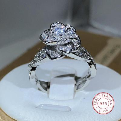 Anello a Rosa Tridimensionale Intrecciato in Argento Sterling Anello Completo di Zirconi Bianchi Diamantato Gioielli Eleganti per il Temperamento Femminile