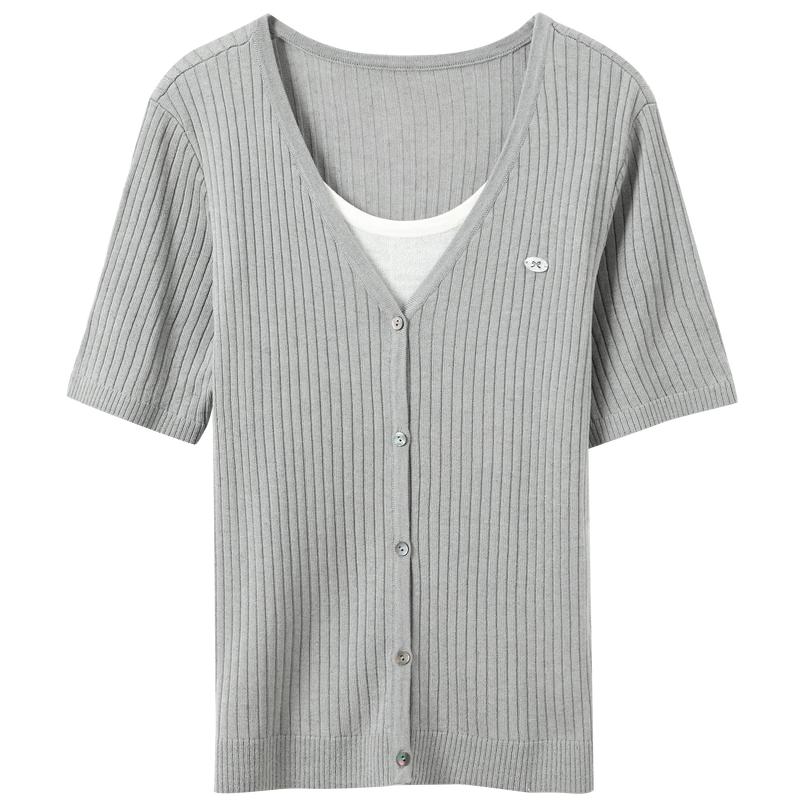 Sancai Plus Size Linen Acetate Blend Faux Two-Piece Knit Top