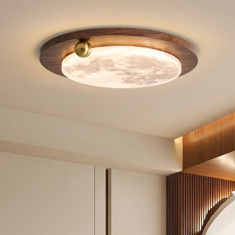 New Nordic bedroom LED ceiling light retro walnut living room acrylic lampshade cream style home decoration indoor lighting