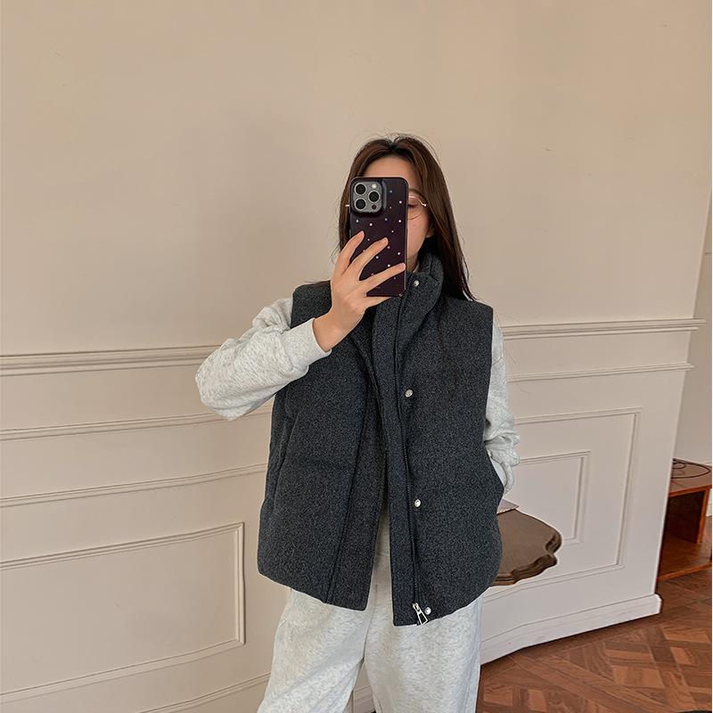 Short Down Cotton Vest Women's  Korean Fashion  Stand-up Sleeveless Zipper Student Vest Jacket Black Gray Waistcoat Tide