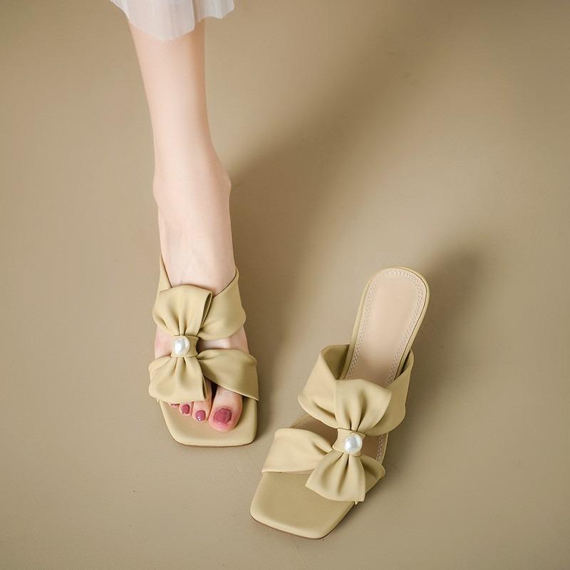 Square Toe Women Slippers Bow Heeled Sandals Loafers Shoes Woman 2026 Fashion Summer Shallow Dress Comfort Soft Leather Slides