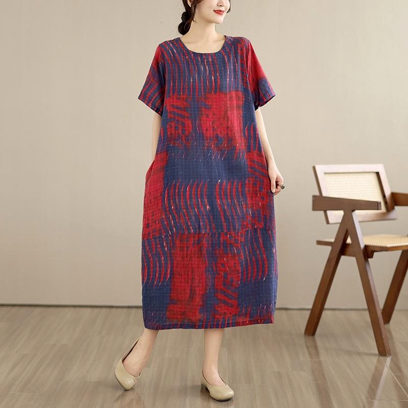 Short Sleeve Plus Size Cotton Vintage Floral New In Dresses for Women Casual Loose Long Summer Dress