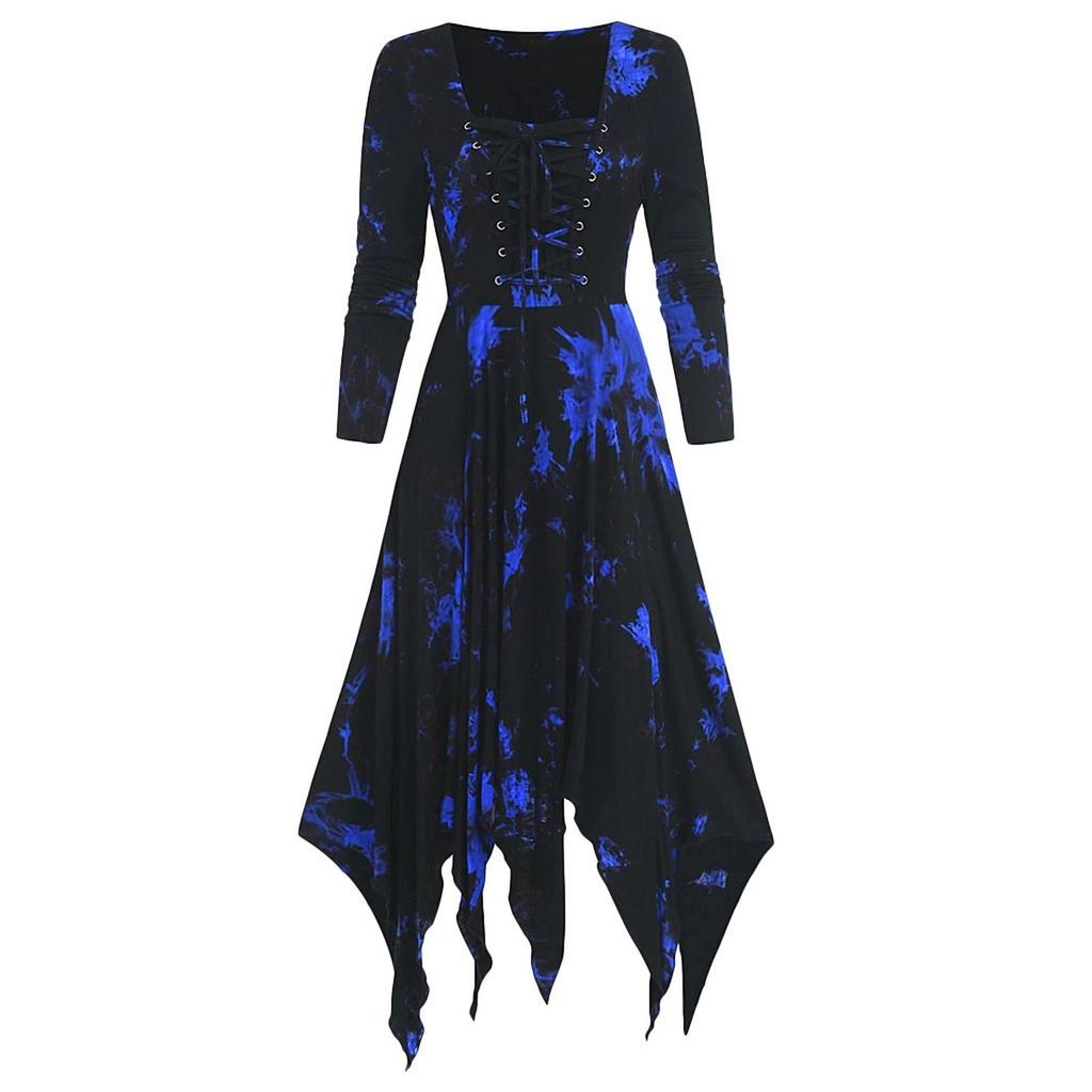 Women's Gothic Long Sleeve Lace Up Dress, Irregular Hem Medieval Witch Costume, Black Halloween Party Outfit