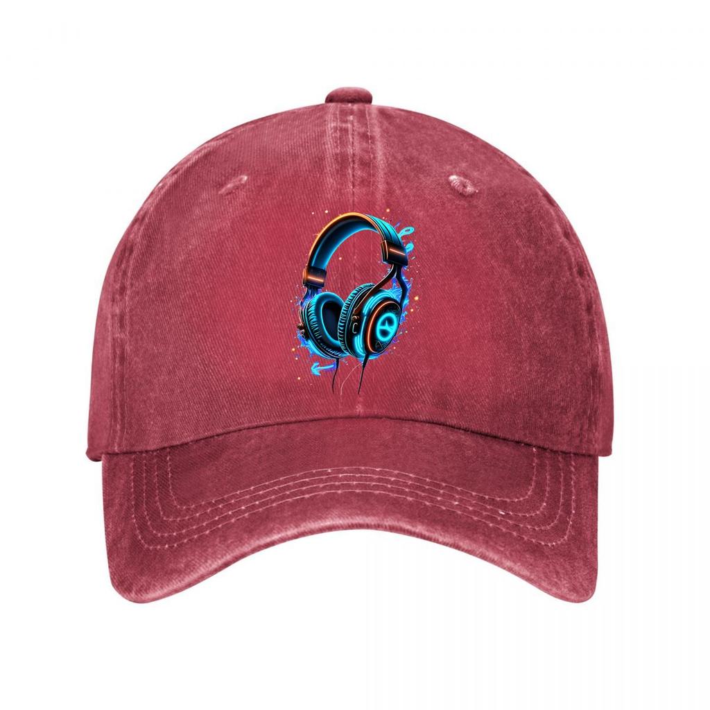 Neon Glow Gaming Headphones Music Audio Illustration Washed Baseball Cap Outdoor For Womens Unisex FeUnisex