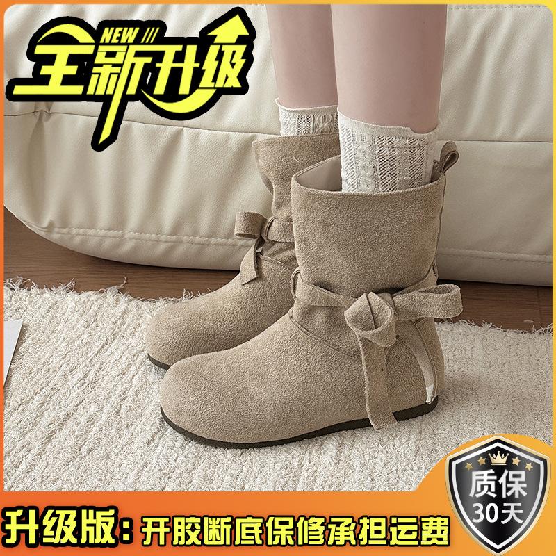 Fashion retro style bow short boots women's autumn and winter design sense lace-up single boots with skirt solid color Martin boots