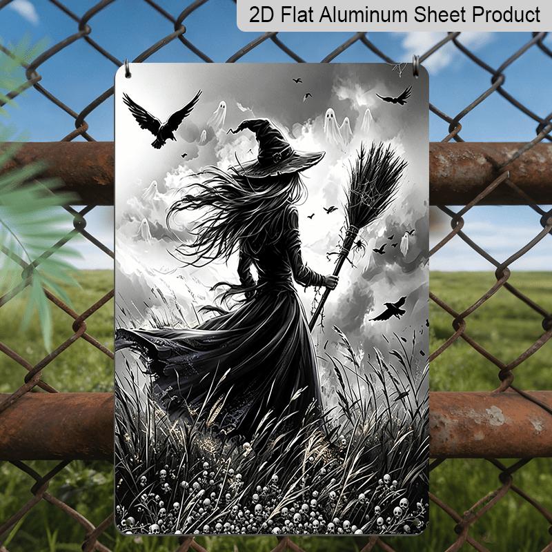 2D Flat, 1pc Gothic Witch Broomstick Black Crow Aluminum Halloween Sign, Halloween Wall Decor for Haunted House, Party, Home, Bathroom - Spooky