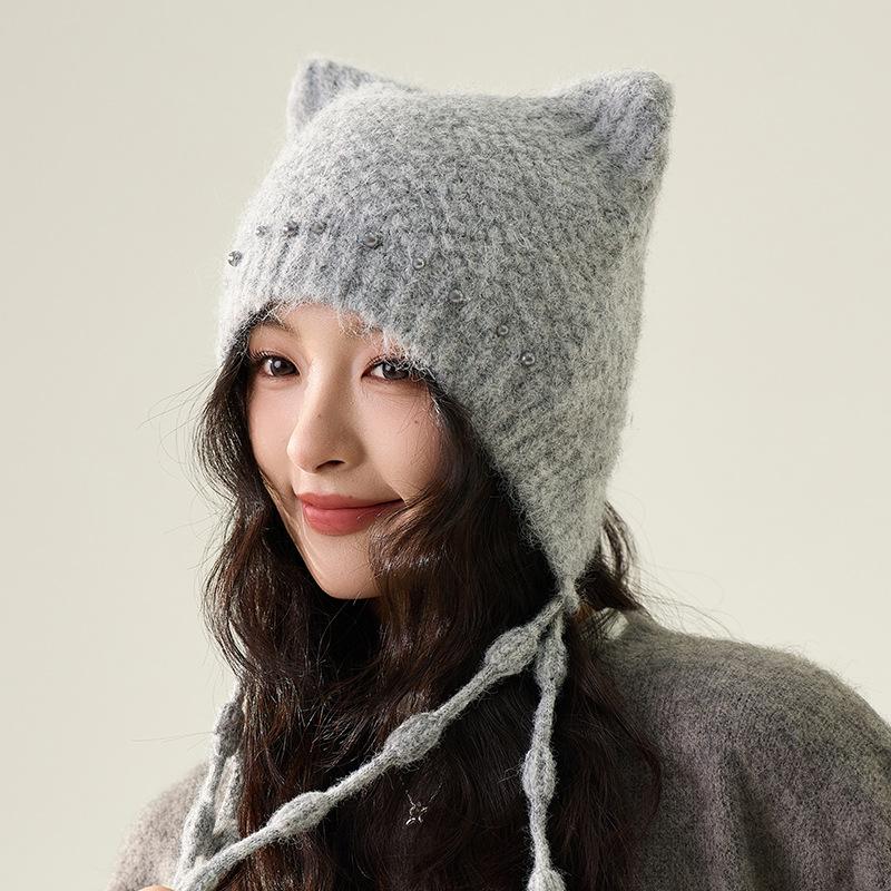 

Pearl Tassel Little Bear Knitted Hats Autumn and Winter Cute and Warm Ear Protection Women s Hats One Size серый