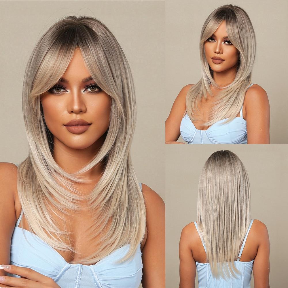 Braune Highlight-Synthetik-Perücke, lange, gerade, geschichtete Perücken mit Pony, Ombre, Schokoladenbraun, Cosplay-Party-Haar-Perücken, hitzebeständig