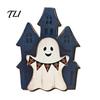 Halloween Living Room Table Decorations Wooden Tabletop Decorative Plaque, Rustic Distressed Wood Art Sign, Cute Autumn Home Accents Ghost Patterns
