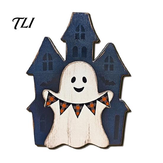 Halloween Living Room Table Decorations Wooden Tabletop Decorative Plaque, Rustic Distressed Wood Art Sign, Cute Autumn Home Accents Ghost Patterns
