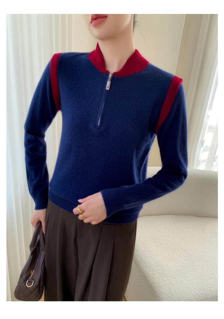 New Style Women's Half-Zip Color-Block Cashmere Sweater - Autumn/Winter Slimming Knit Double-Layer Collar Top