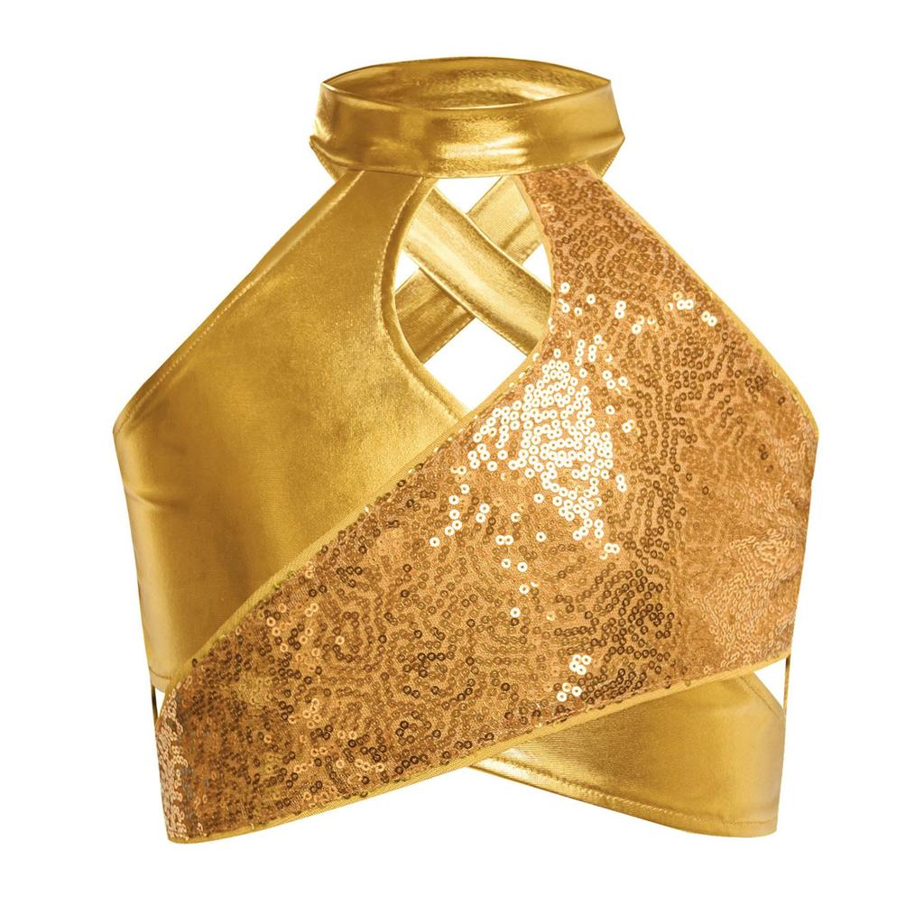 Girls Sparkly Sequins Metallic Crop Top Cross Keyhole Jazz Latin Ballroom Dance Costume