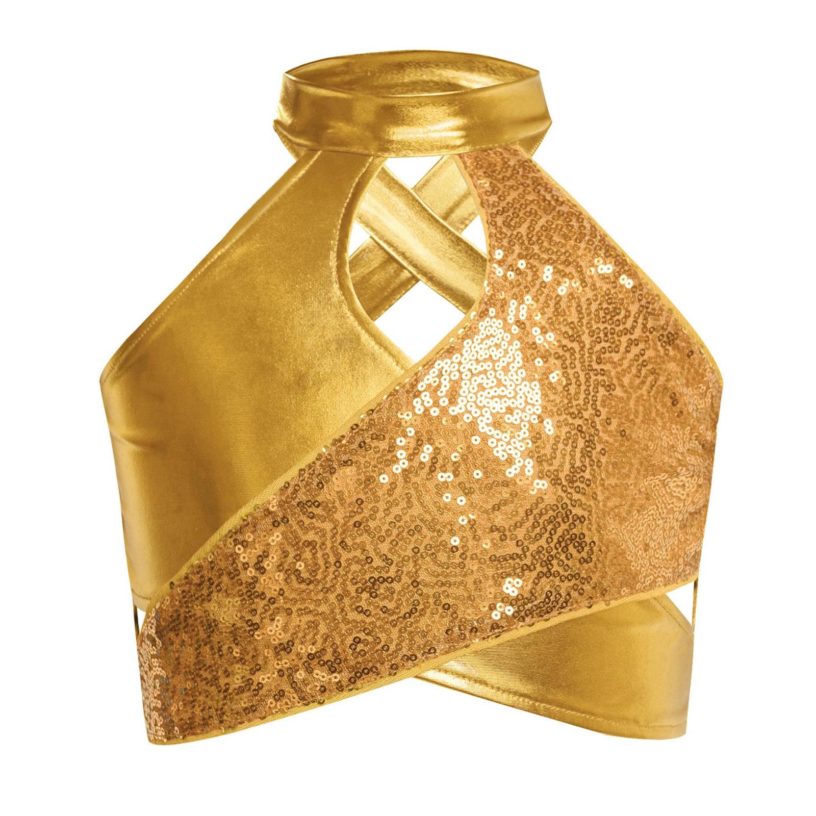 

Дитячий танцювальний кроп-топ для дівчат з перехресним вирізом-ключиком, блискучими паєтками, металізованим матеріалом. Джаз, Латина, Бальні танці 13-14 Years