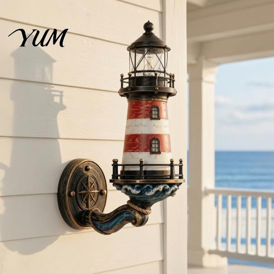 Atmospheric Corridor Wall Lamp Coastal Lighthouse Lamp, Resin Nautical Sconce, Retro Mediterranean Style Decorative Beach House Sconce Light,