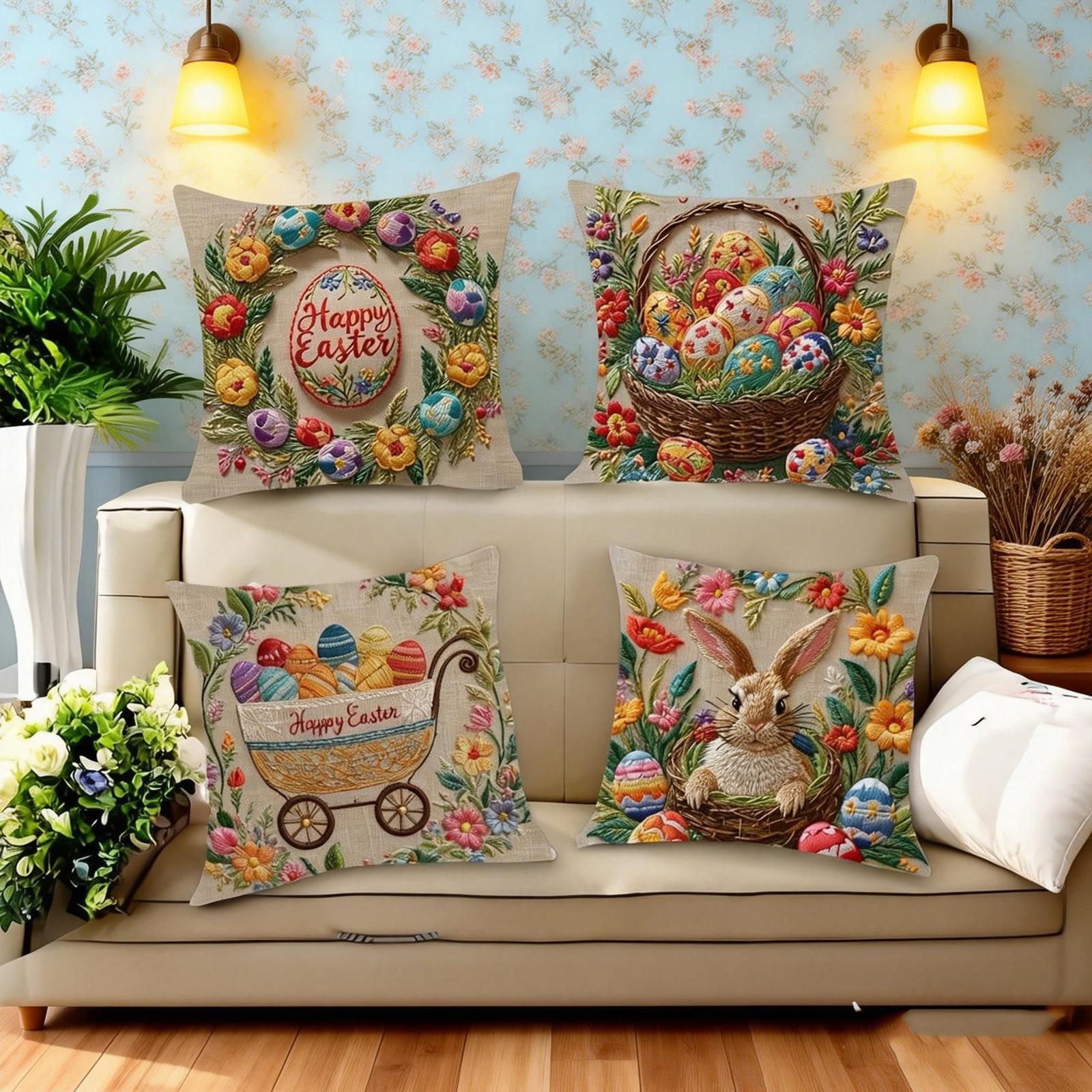 Набор вышитых и принтованных плоских подушек на Пасху, 4 штуки, подходит для дивана и декора интерьера One Size белый