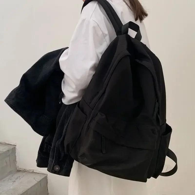 Mochilas Mujer Mochila Negra Sólida de Gran Capacidad Mochila Trendy Harajuku Casual Cremallera Bolsa Impermeable Estudiantes Estilo Japonés Mochila