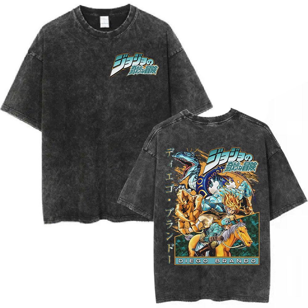 Anime 'JoJo's Bizarre Adventure' Tvättad T-shirt Giorno Giovanna Bruno Buccellati Mode för Män och Kvinnor Casual T-shirt