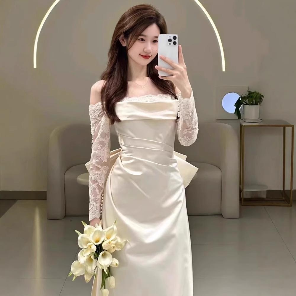 French Light Wedding Dress Mori Simple Super Fairy Lace Welcome Dress Socialite Banquet One-word Shoulder White Satin Dress Skirt