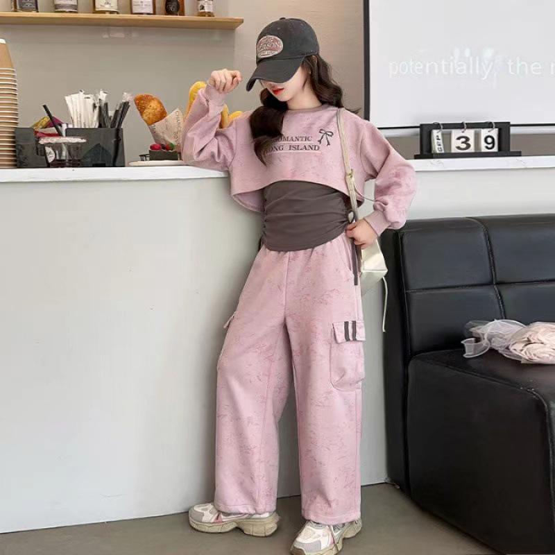 Dívčí sada podzimního oblečení: Mikina s dlouhým rukávem, overaly a sportovní oblečení s krátkým rukávem – 3dílné studentské oblečení