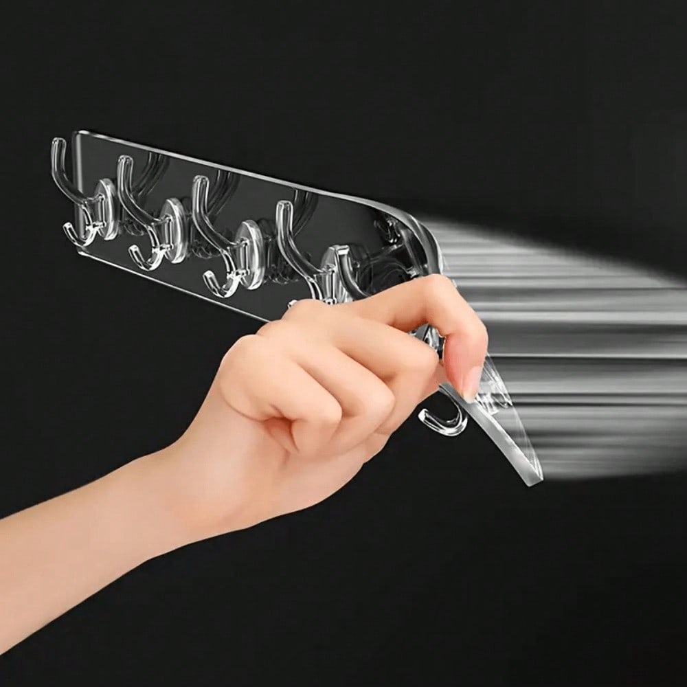 Colgador de fila de acrílico, Gancho de pared adhesivo, Estante de 6 ganchos sin rastro para colgar ropa, toallas, llaves y otros artículos, Adecuado para cocina, dormitorio