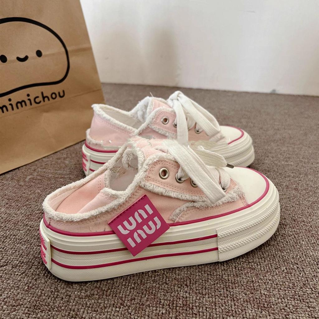 Zhao Ruth's Canvas Shoes of the Same Style, Half-drag Women's 2025 Summer Thick-soled Breathable Casual Shoes, Thin Little White Shoes