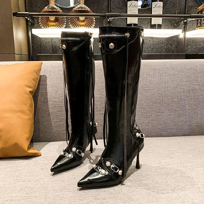 

European and American pointed high-heeled fringed fashion long boots for women in the autumn and winter of 2025, new thin-heeled Spice Girls, thin 40 чёрный