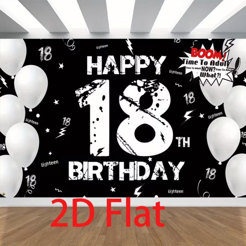 2D Flat 18th Birthday Backdrop Black White Balloon Photo Booth Banner