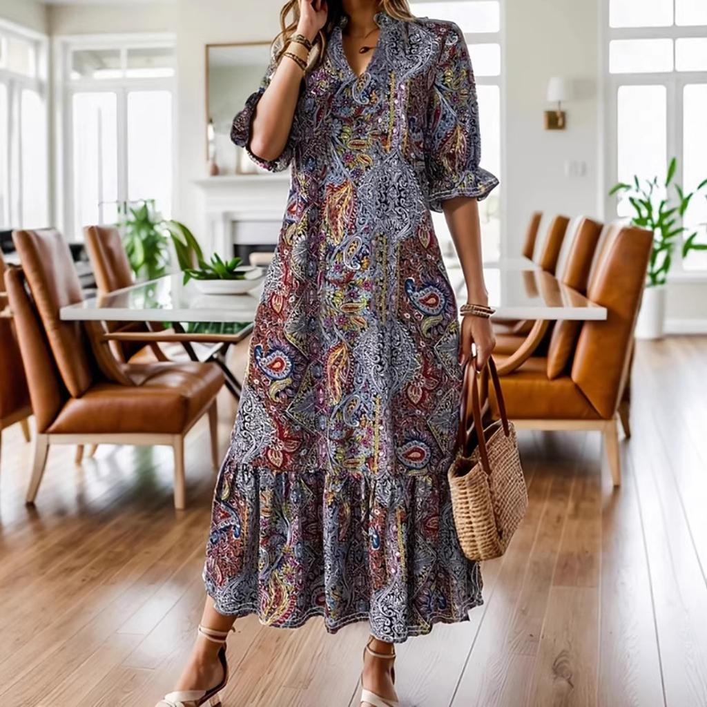 New Women's Print V-neck Mid-sleeve A-line Dress Casual Fashion Sundress for Daily Outing Travel