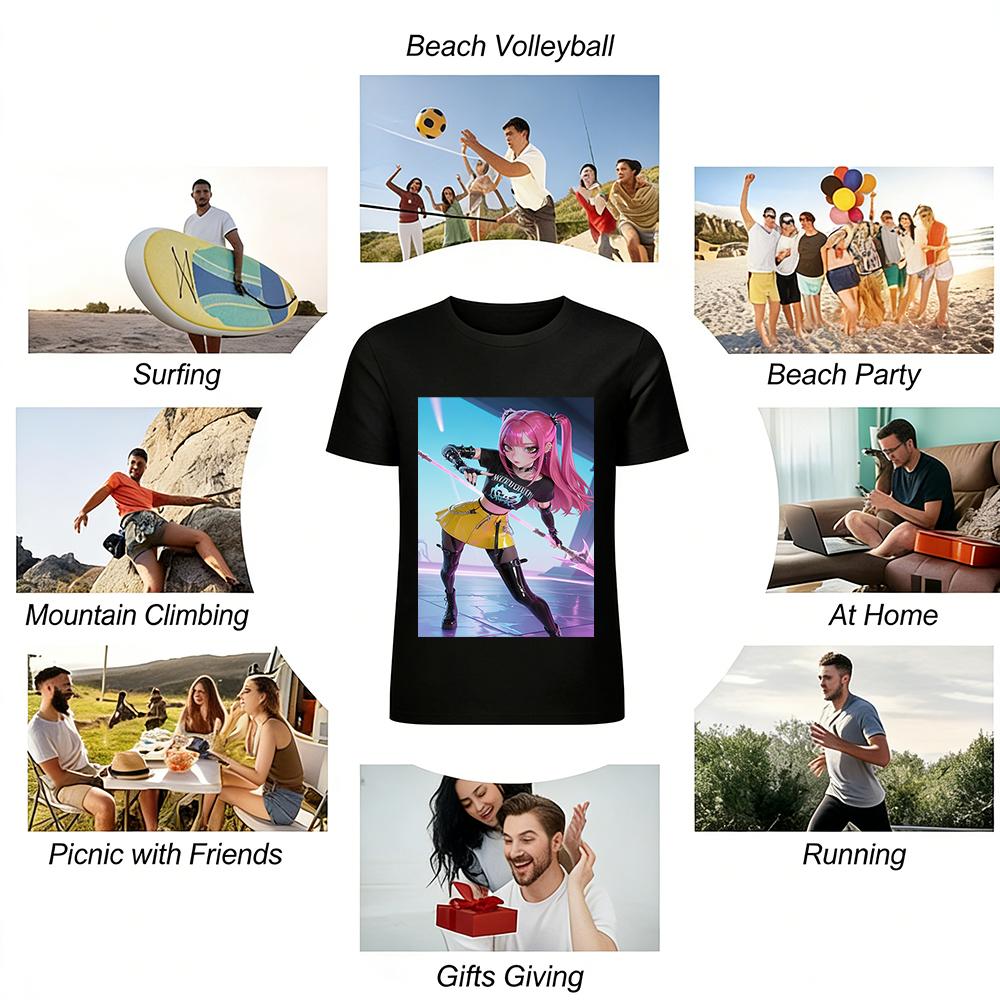 Cool Girl Pink Hair Anime Print Short Sleeve T-shirt Street Y2K E-girl Casual Loose Top Pure cotton T-shirt
