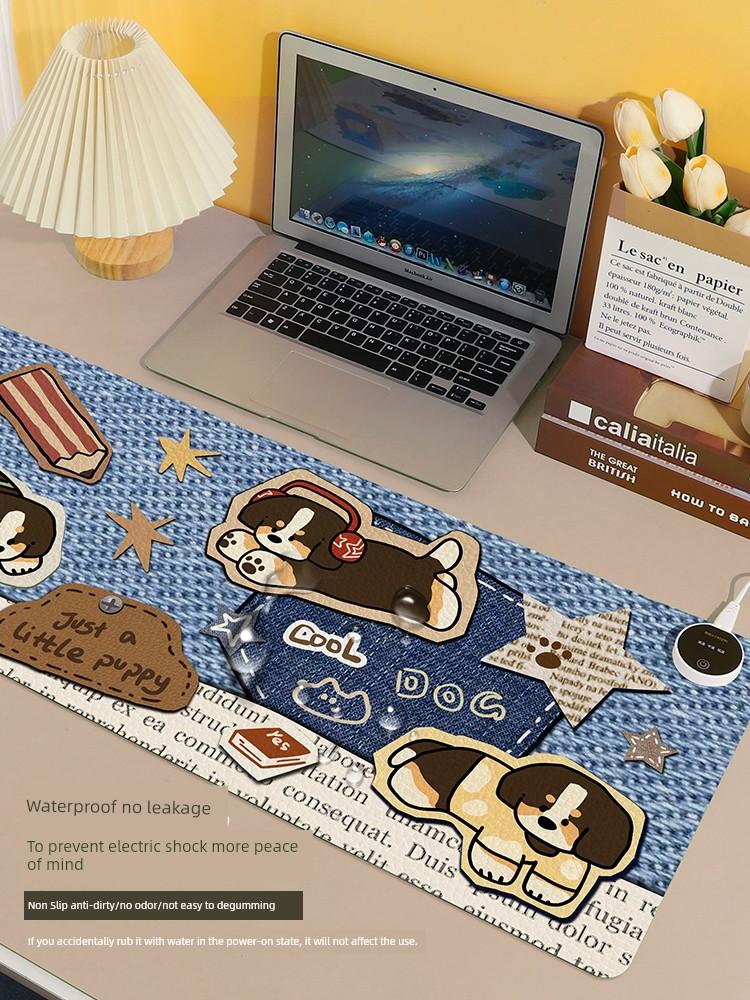 Denim Puppy Mouse Pad Heating Table Mat PVC Constant Temperature Computer Desk Pad Adjustable Heating Warm Learning Homework