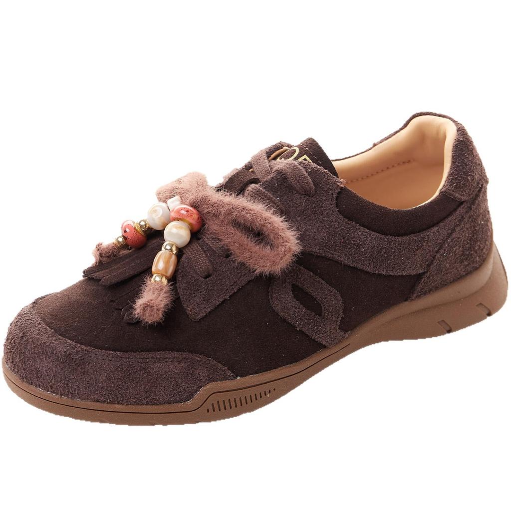 Plush toy German training shoes women's autumn new retro fringed beaded thin-soled sports and leisure shoes women