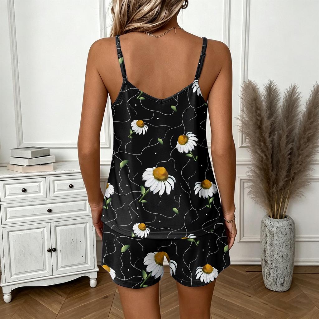 Women's Summer Casual Two Piece Set Floral Print Sleeveless Tank Top with Square Neck and Drawstring Waist Shorts with Pockets